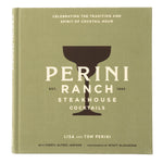 The front cover of the book 'Perini Ranch Steakhouse Cocktails' by Lisa and Tom Perini, featuring a muted sage green background with a dark brown cocktail glass graphic and cream-colored text.