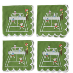 Four green square cloth napkins with scalloped white edges, each embroidered with a tennis court scene featuring players, a net, umpire, and ball.