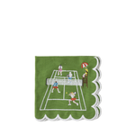A square green handkerchief with scalloped white edges, featuring an embroidered tennis court scene with players and an umpire.