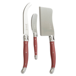 Three kitchen knives with reddish-brown handles and silver metal blades, including a carving knife, a small utility knife, and a cleaver-style knife, shown on a white background.