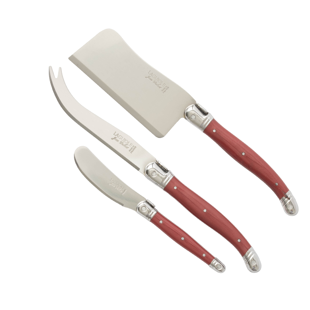 Three-piece cheese knife set with stainless steel blades and reddish-brown wooden handles, shown on a plain white background.