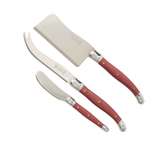 Three-piece cheese knife set with stainless steel blades and reddish-brown wooden handles, shown on a plain white background.