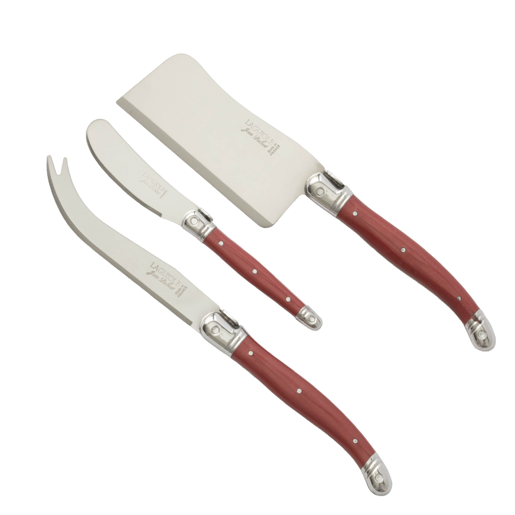 Three-piece French cleaver knife set with silver stainless steel blades and reddish-brown wooden handles, shown on a plain white background.