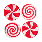 Four round red and white patterned coasters arranged in a 2x2 grid on a plain white background. Each coaster has a different candy-inspired swirl design: two spiral patterns and two peppermint swirl patterns.