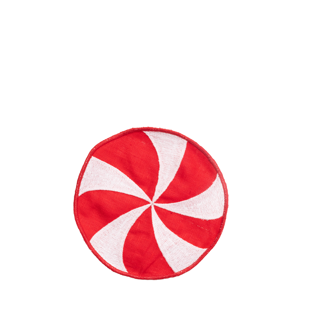 A circular cocktail napkin featuring a red and white spiral candy swirl pattern, isolated on a solid white background.