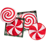 Three round red and white peppermint swirl coasters displayed on a white background, with two resting in a green patterned gift box and one placed beside it.