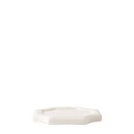 A small white ceramic tray with a scalloped octagonal edge, photographed against a seamless white background.