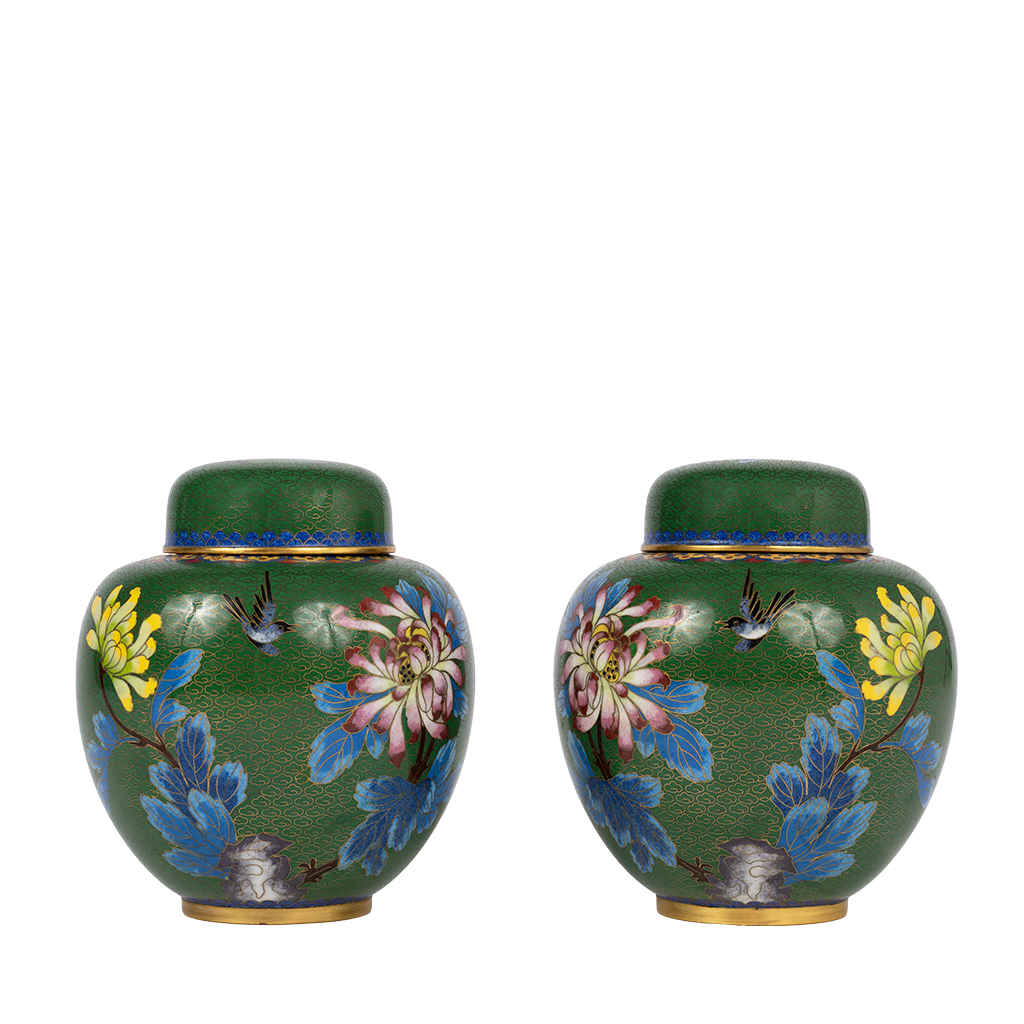 Green Cloisonne Lotus Jars next to each other 