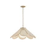 A modern pendant light fixture with a scalloped, layered wicker shade in a natural beige tone, suspended by a brass-toned chain from a matching ceiling canopy, shown against a plain white background.