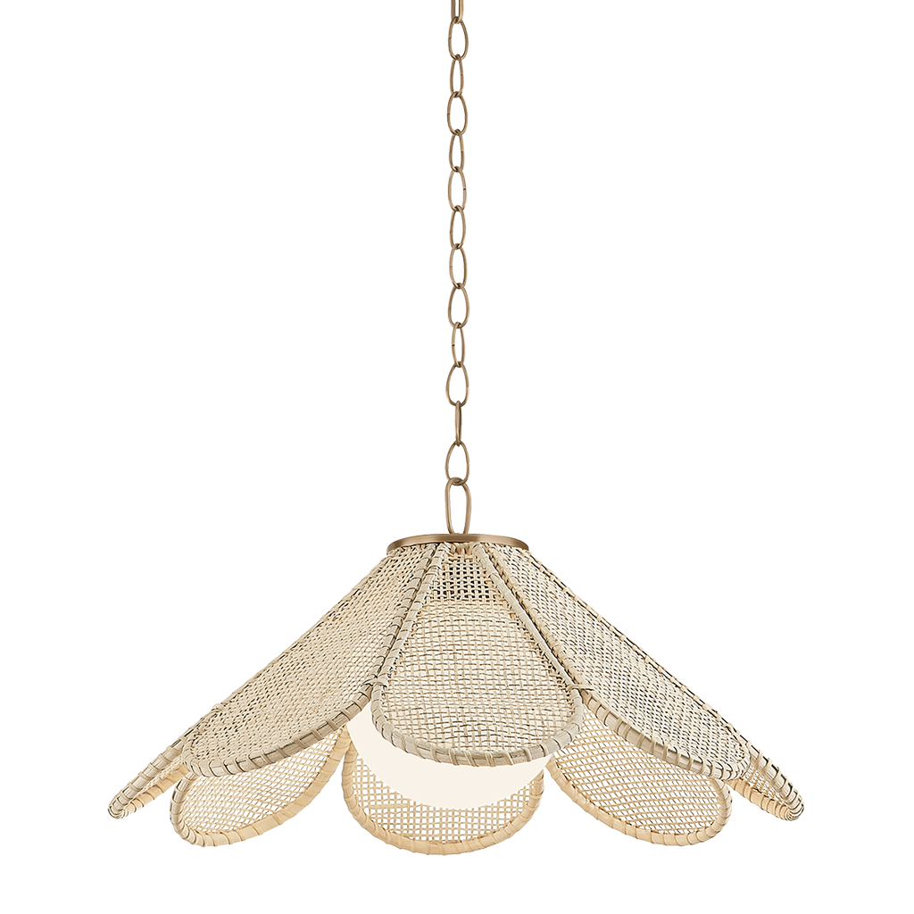A hanging pendant light with a woven natural-fiber shade in a petal or flower-like layered design, suspended from a chain against a plain white background.