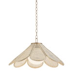 A hanging pendant light with a woven natural-fiber shade in a petal or flower-like layered design, suspended from a chain against a plain white background.