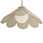 A flower-shaped pendant light with woven beige raffia petal shades and a central white frosted glass globe, suspended by a brass chain against a white background.