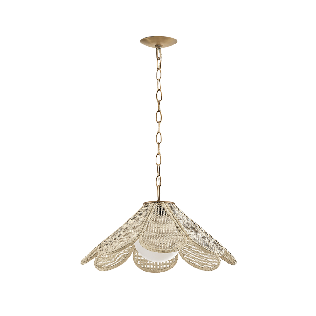 A modern pendant light fixture with a textured, woven beige shade in a scalloped petal-like shape, suspended by a gold-toned chain from a matching ceiling canopy, shown against a plain white background.