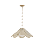 A modern pendant light fixture with a textured, woven beige shade in a scalloped petal-like shape, suspended by a gold-toned chain from a matching ceiling canopy, shown against a plain white background.