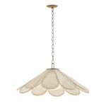A modern pendant light fixture with a textured, woven beige shade made of overlapping petal-like segments, suspended from a gold-toned chain and ceiling canopy against a solid white background.