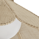 Close-up of a woven natural fiber chair or stool seat with a white circular base, shown against a plain white background.