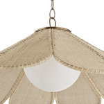 Close-up of a hanging pendant light with woven natural-fiber petal shades and a white globe bulb, shown against a plain white background.