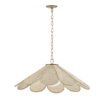 A modern pendant light fixture with a wide, scalloped shade made of woven natural fiber, suspended from a matching chain and canopy against a solid white background.