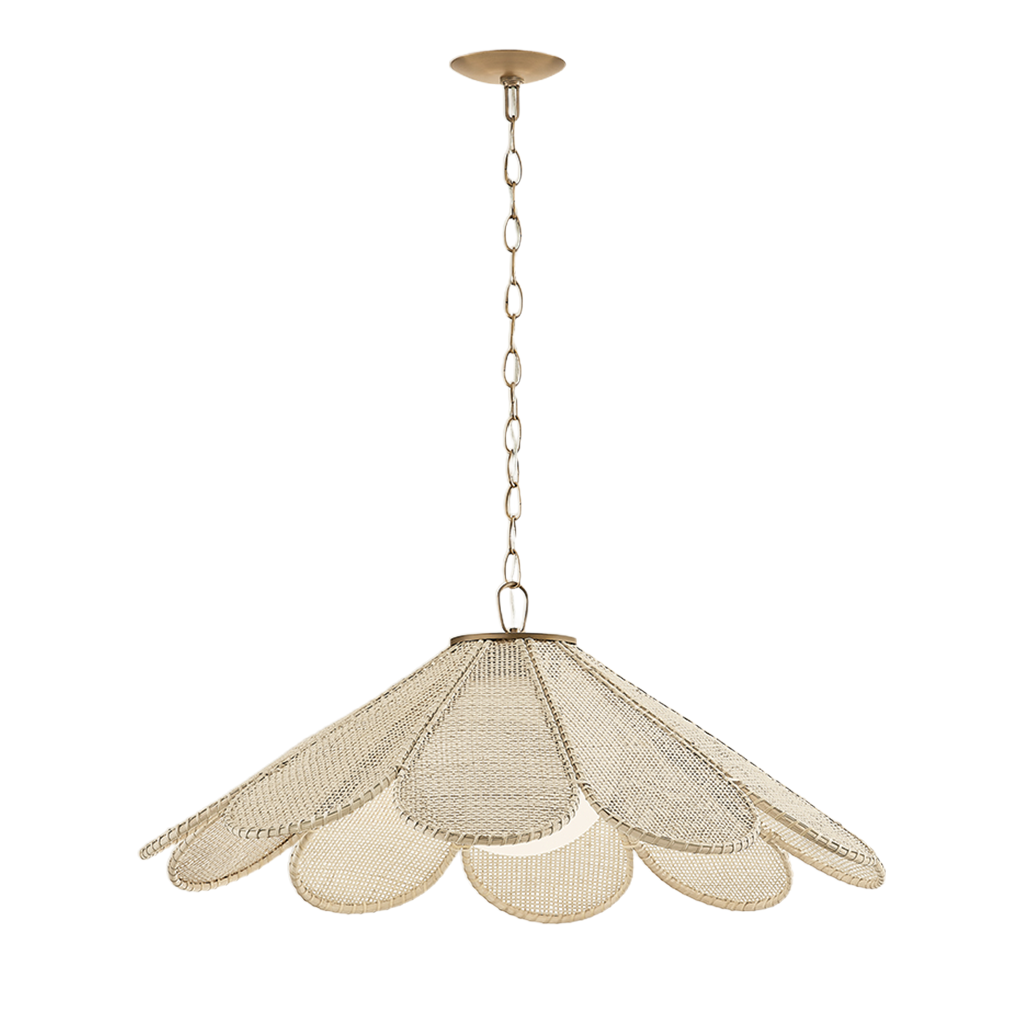 A modern pendant light with a scalloped, petal-like shade made of woven natural fiber, suspended by a chain from a matching metal ceiling canopy, shown against a plain white background.