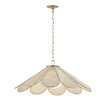A modern pendant light with a scalloped, petal-like shade made of woven natural fiber, suspended by a chain from a matching metal ceiling canopy, shown against a plain white background.