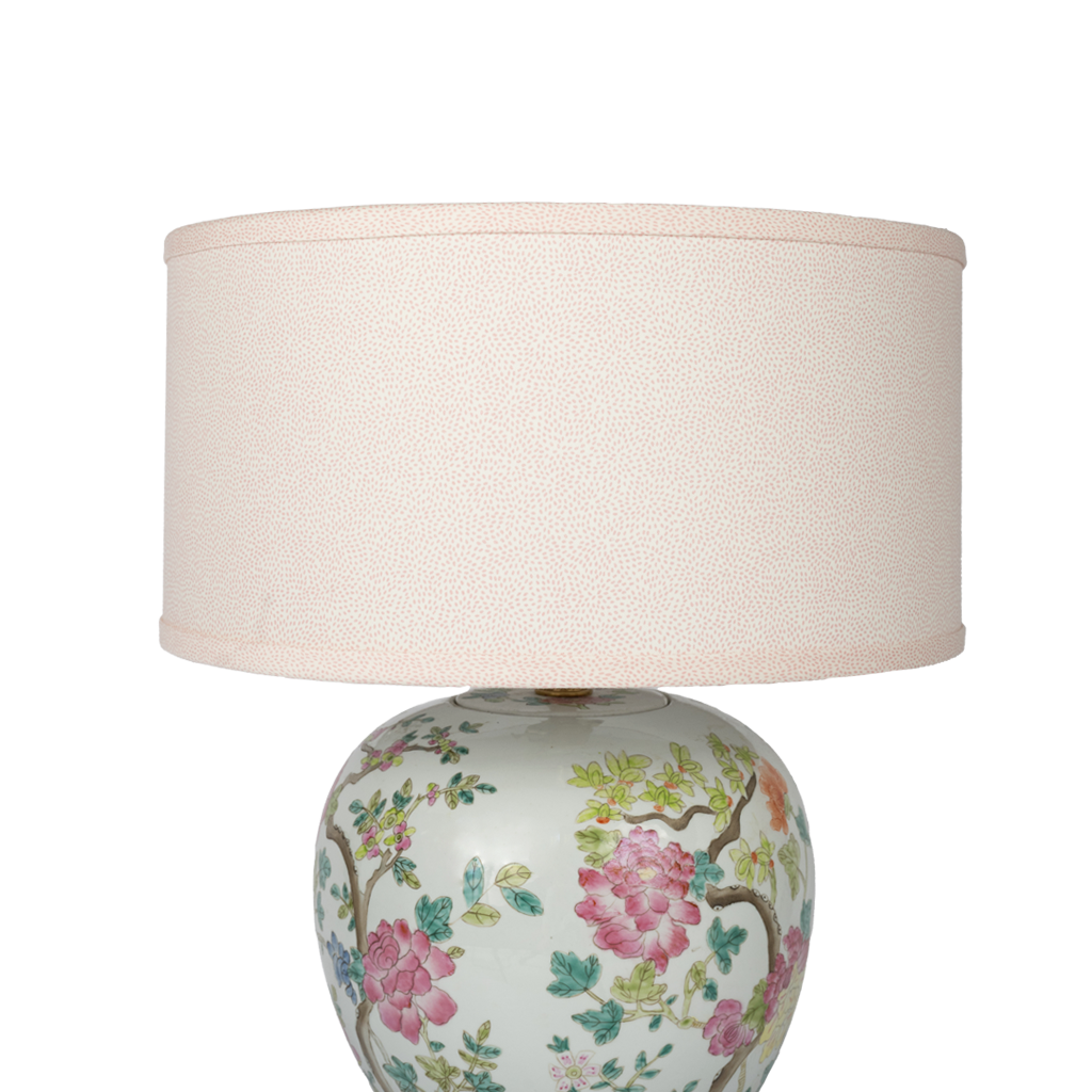 Famille Rose floral lamp with pink dot shade