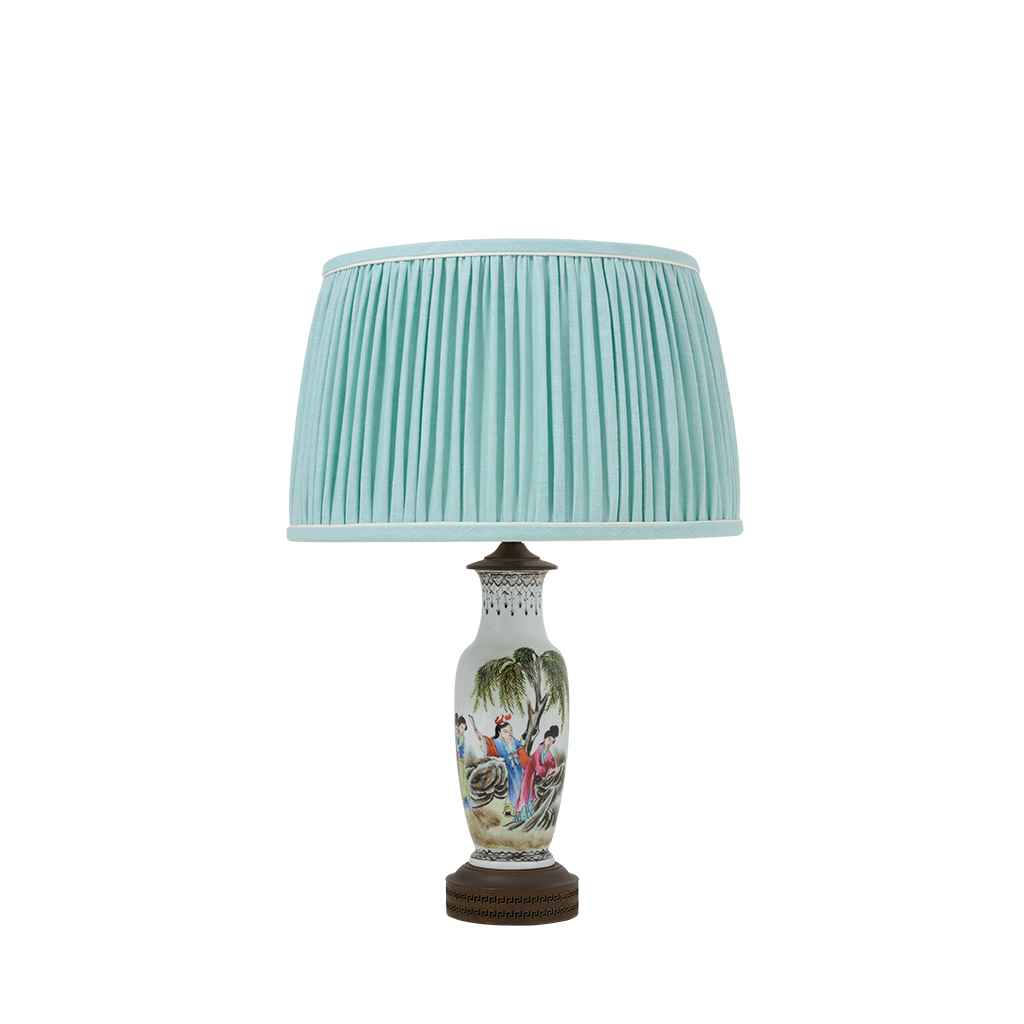 Famille Rose Lamp with Custom Aqua Shade