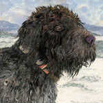 Artistic depiction of a large, shaggy dog with a scenic background