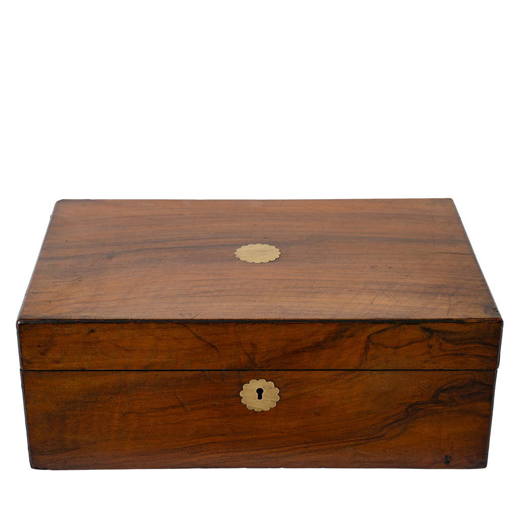 Wooden box with a gold emblem on a white background