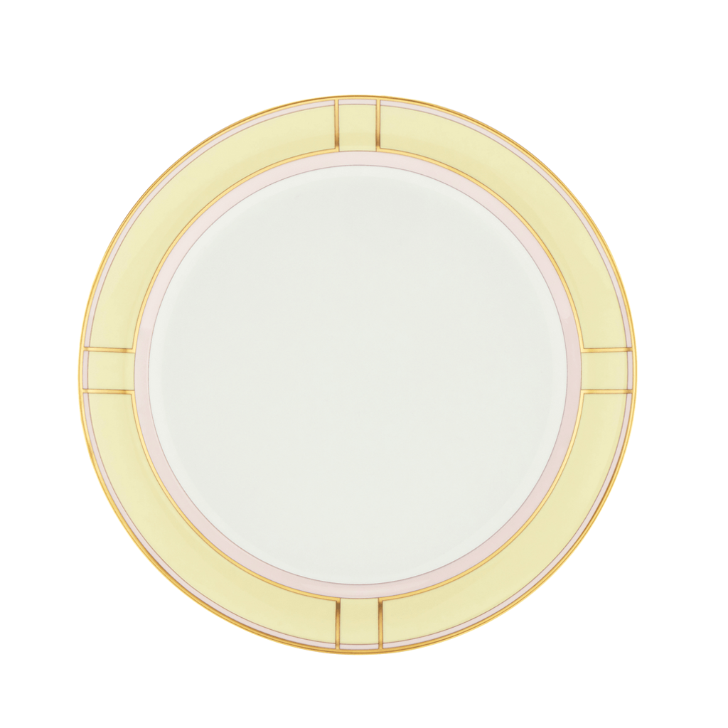 Dinner plate with yellow pink and gold border design