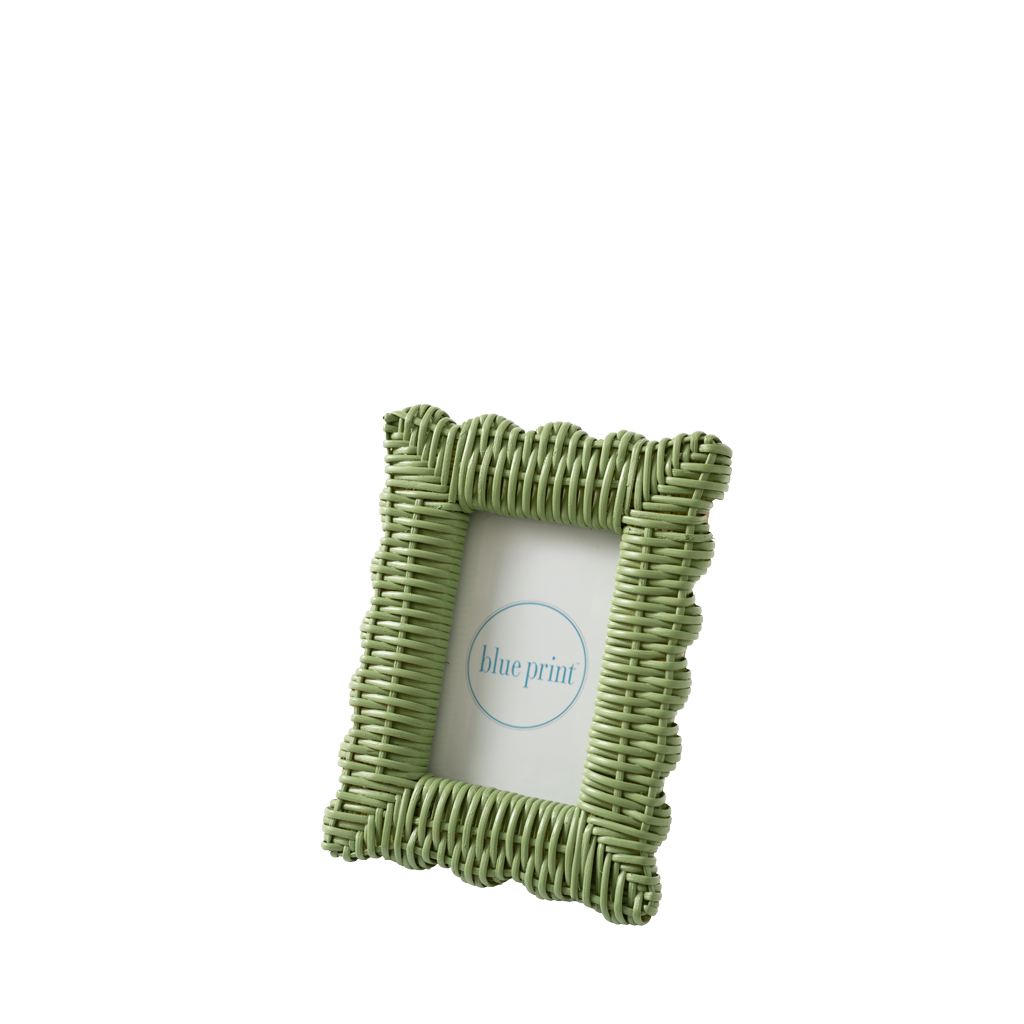 Green wicker picture frame with 'blue print' branding on a white background