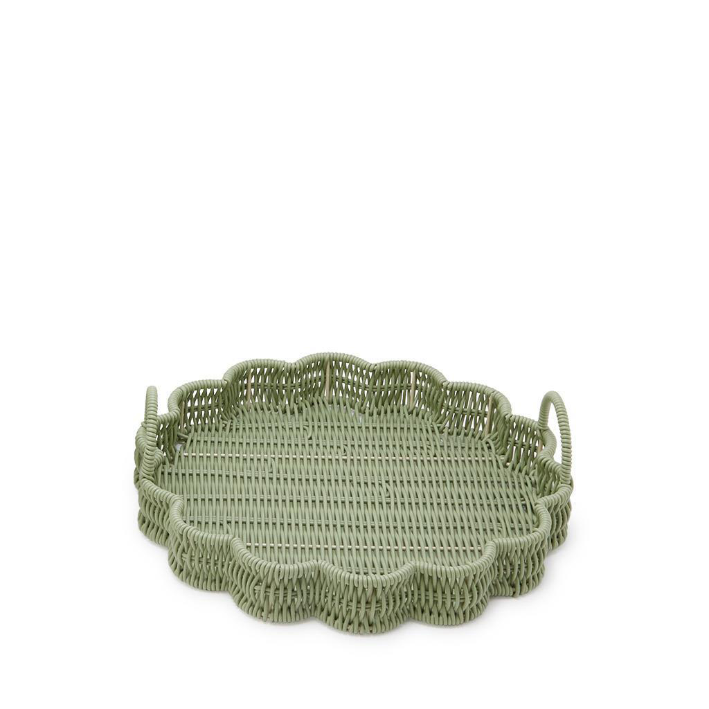 Green woven tray on a white background