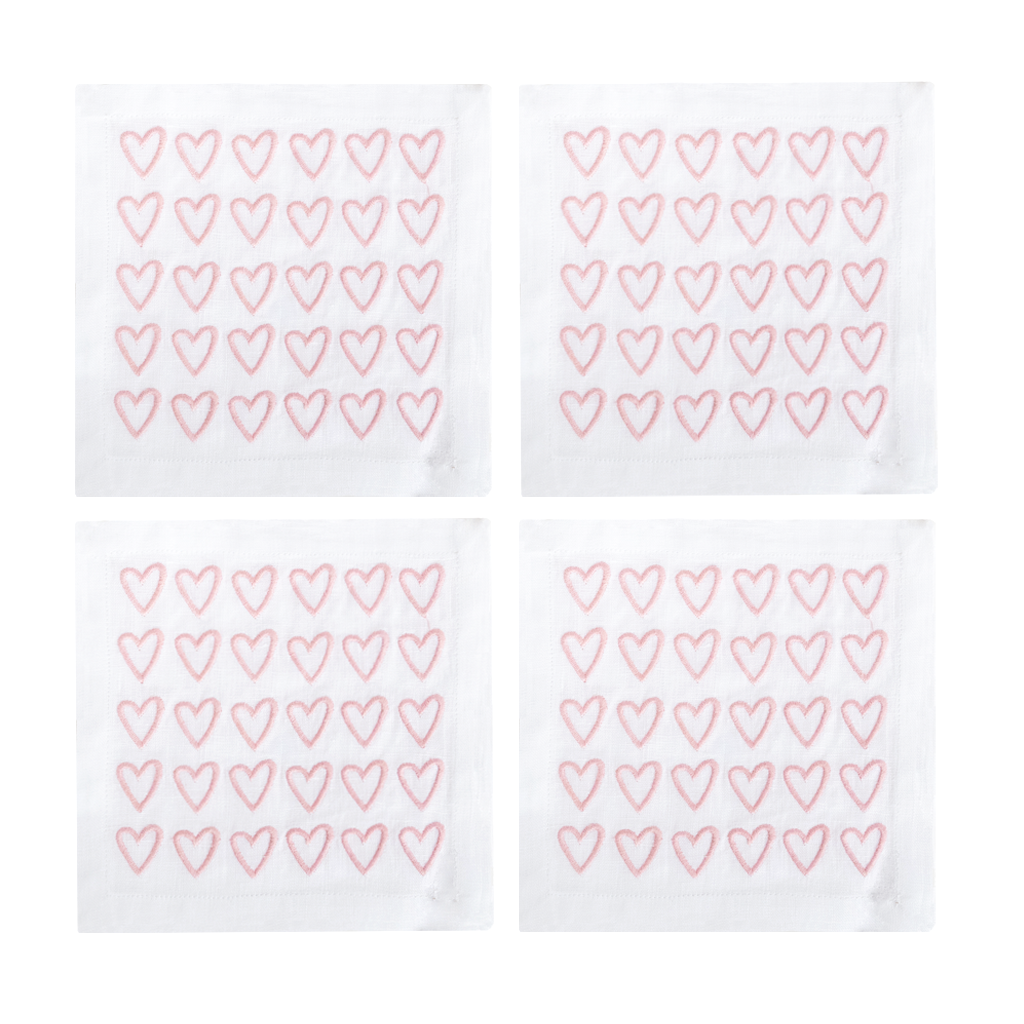 Set of 4 half hearted cocktail napkins with pink embroidered hearts