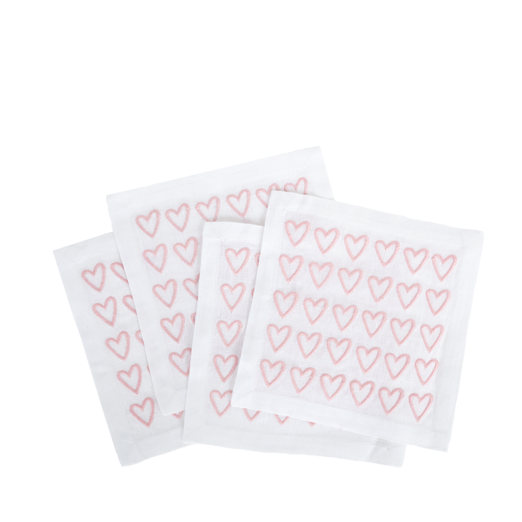 Set of 4 half hearted cocktail napkins with pink embroidered hearts