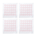 Set of 4 half hearted cocktail napkins with pink embroidered hearts