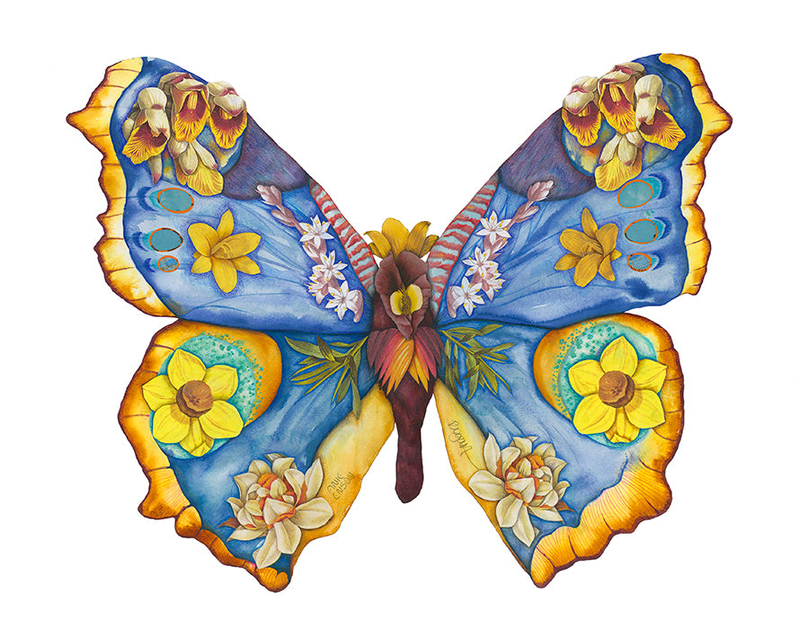 blue, purple, and yellow butterfly