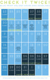 Calendar with blue and black text indicating store hours and deadlines for a holiday season.