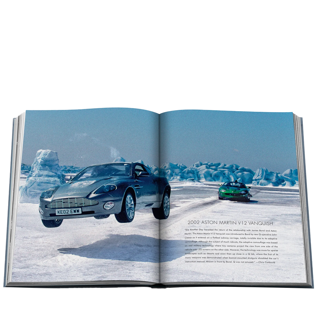 Open book showing a photograph of two cars on a snowy landscape with text underneath.