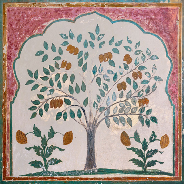 Art print of a mural with a tree design on a red and green background