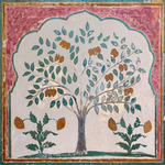 Art print of a mural with a tree design on a red and green background