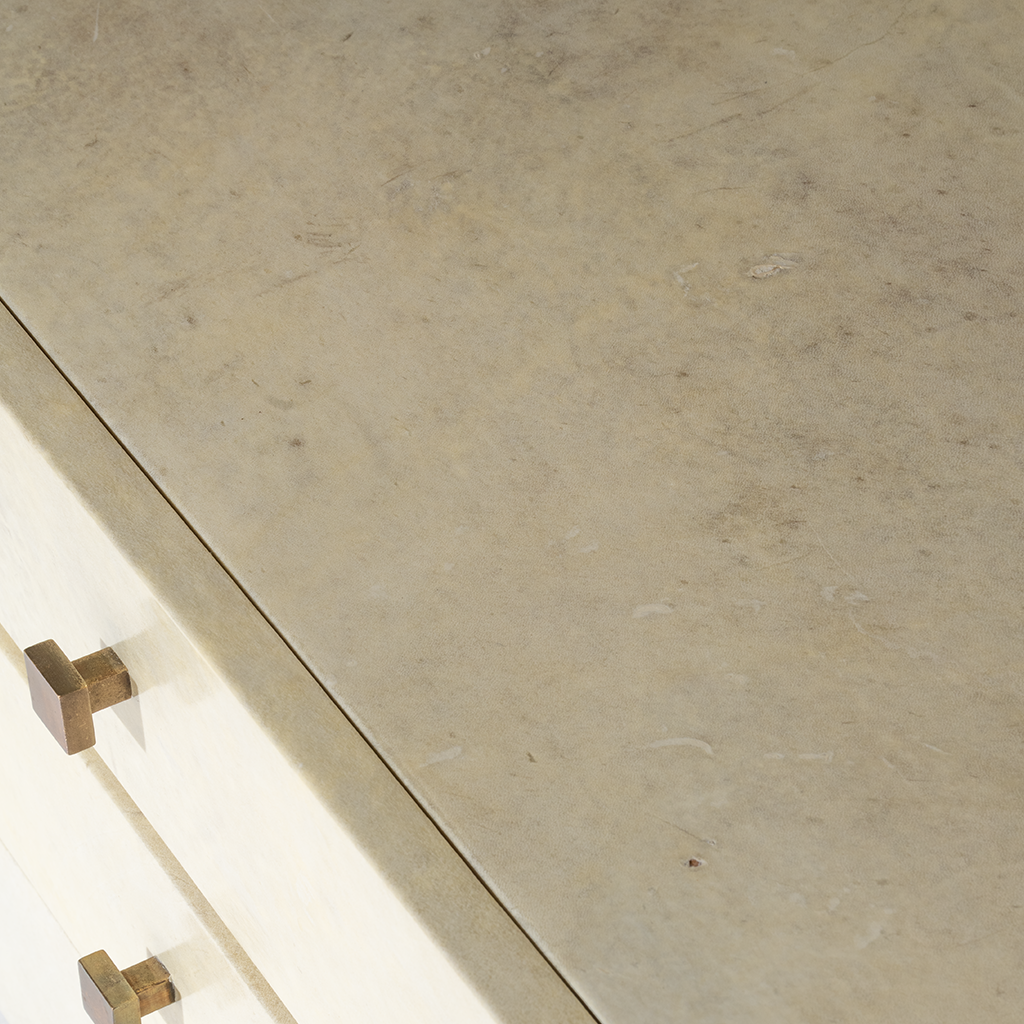 Close-up of a beige textured surface with a brass handle.