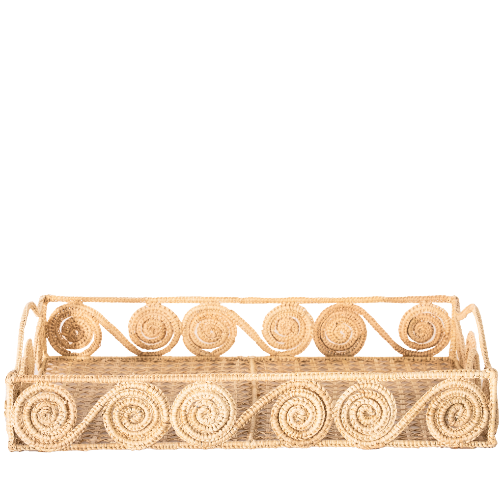 Woven decorative tray with spiral patterns on a white background