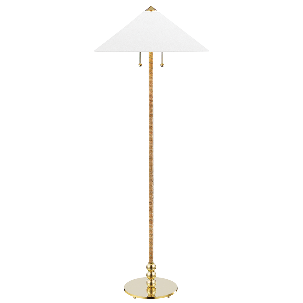 A modern floor lamp with a tapered white fabric shade, a textured gold metal stem, and a polished gold circular base, shown against a plain white background.