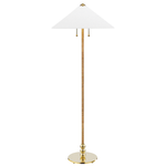 A modern floor lamp with a tapered white fabric shade, a textured gold metal stem, and a polished gold circular base, shown against a plain white background.