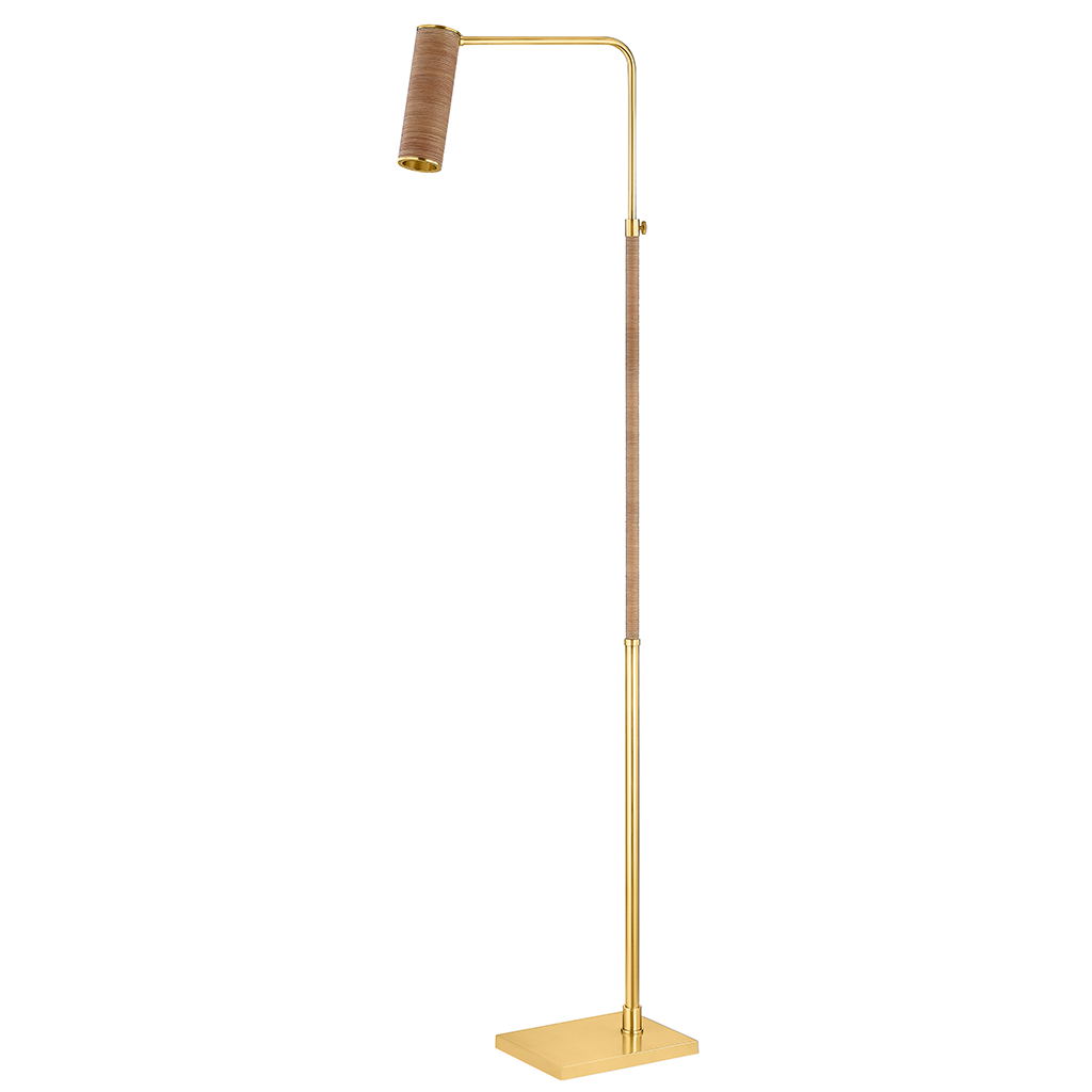 A modern floor lamp with a polished gold-finished metal frame, featuring a flat square base, a vertical pole with a brown textured wrap, and a curved arm ending in a cylindrical shade, shown against a plain white background.