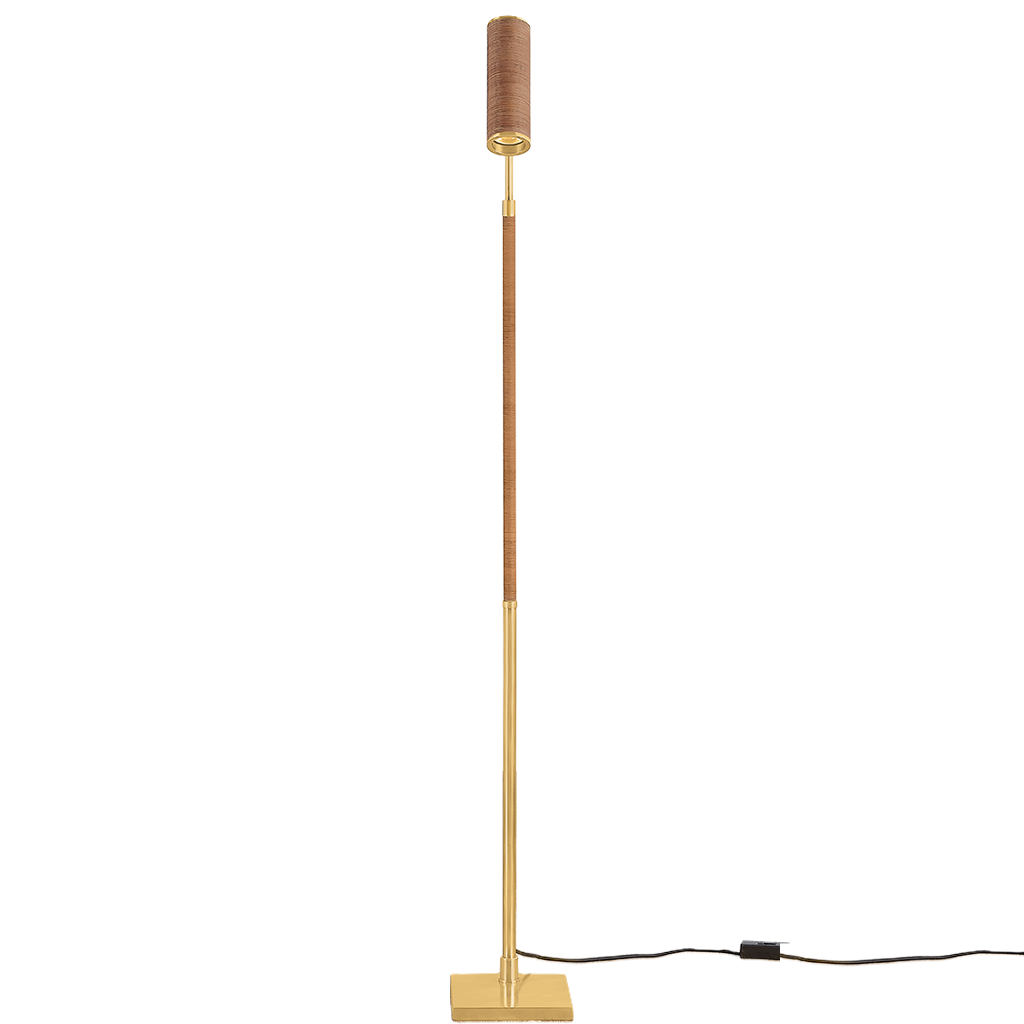 A modern floor lamp with a square brass base, a slim brass stem, a textured brown central shaft, and a matching brown cylindrical shade on top, shown against a plain white background with its power cord visible.