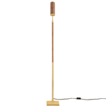A modern floor lamp with a square brass base, a slim brass stem, a textured brown central shaft, and a matching brown cylindrical shade on top, shown against a plain white background with its power cord visible.