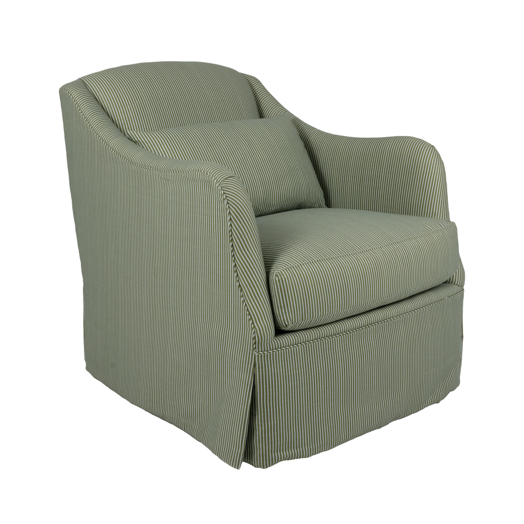 Swivel chair with blue and green striped upholstery