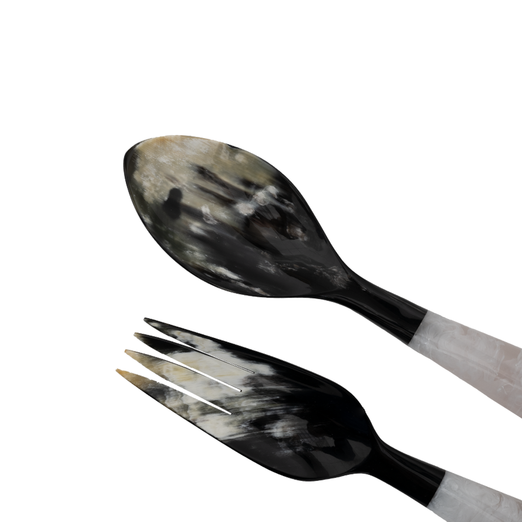 Black and white patterned spoon and fork set on a white background