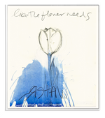 Artistic depiction of a tulip with blue watercolor base and signature on a light background