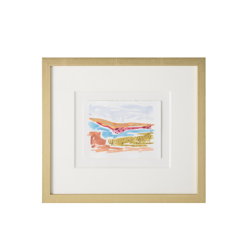 A framed abstract landscape art print with a white mat and a light natural wood frame, shown against a plain white background.